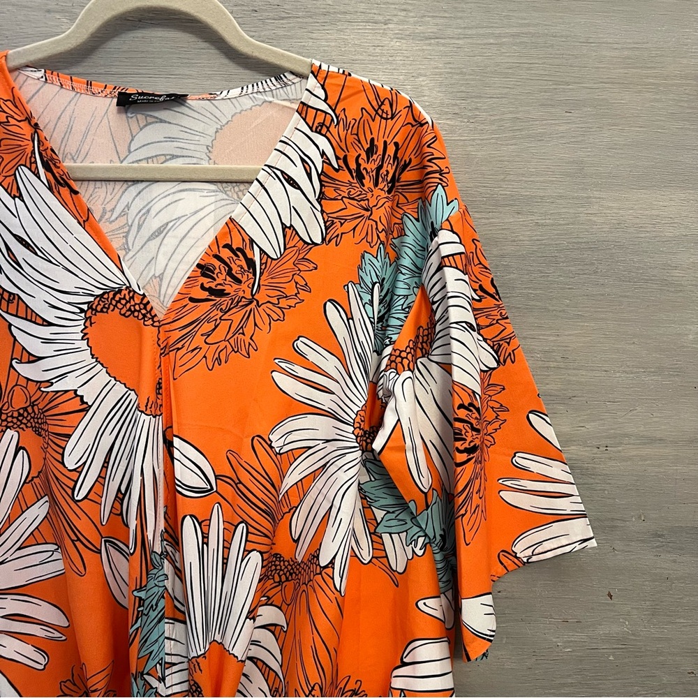 Sucrefas Orange Large Daisy Print Front Tie Short Sleeve Blouse Large NWT - Picture 2 of 7